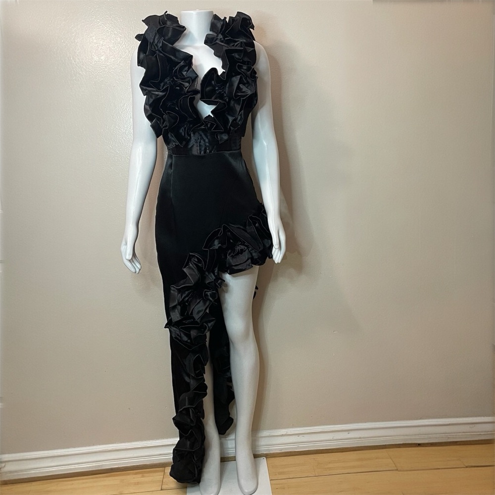 Black satin deep V-neck high low ruffle dress